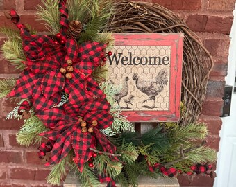 Buffalo Plaid Rustic Wreath, Chicken Wreath, Rustic Welcome Door Decor, Country Door Wreath, Farn House Decor