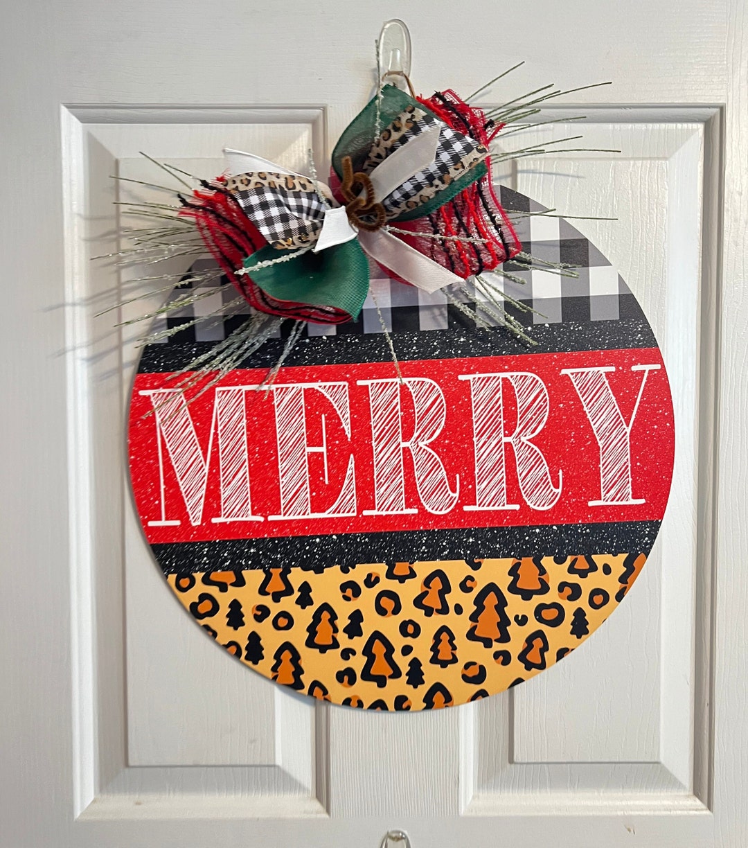 Merry Christmas Door Hanger for Front Door, Holiday Leopard Print Door