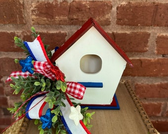 Summer  Patriotic Birdhouse Tiered Tray Floral,  July 4th birdhouse decor, Tiered Tray  Floral Decor, Mothers Day Gift