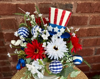 July 4th Patriotic Floral Centerpiece, Memorial Day Decoration,  Kitchen Table Floral Arrangement, Mothers Day Gift