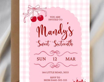 Cherry Party Invite - Editable Birthday Invitation – Digital Download – Sweet 16th Birthday Party – Red and Pink Birthday - Canva Template