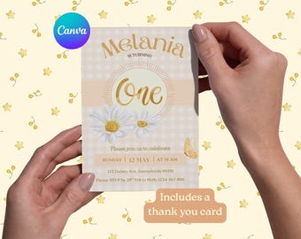 Daisy Kids Party Invite - Editable Birthday Invitation – Digital Download – Daisy 1st Birthday Party – First Birthday - Canva Template