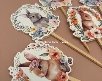 Easter Cupcake Toppers | Bunny & Floral Decorations | Floral Party Picks | Spring Baby Shower or Easter Dessert Decor | Bunny Cupcake Pricks