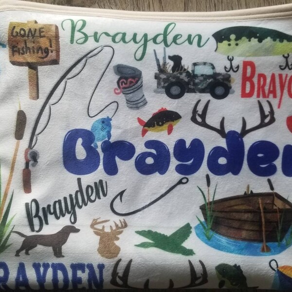 Hunting blanket, fishing blanket, boys fishing and hunting stuff, baby boy fishing and hunting, baby boy blanket, baby blanket with name