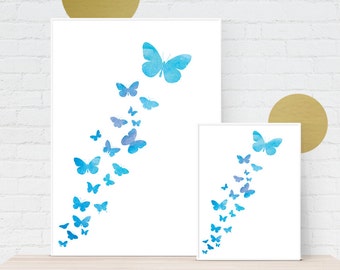 Descarga digital, Butterfly Flock Abstract Aqua Blue Acuarela Estilo Arte Impresión Gráfica - Descarga Instantánea, Imprimible en A3, acuarela