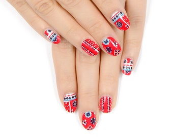 Red Festival Bandana Nail Wraps / Designer Nail Stickers ( 22pcs)