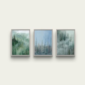 Conjunto de 3 pinturas de bosque, Arte de pared de bosque estético, Paisaje de bosque brumoso, Conjunto de pintura al óleo, Conjunto de arte de pared de galería, Arte real