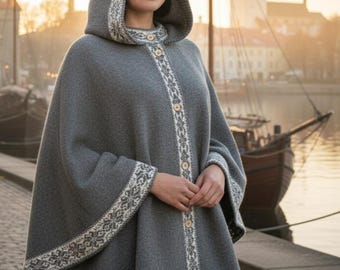 Scandinavian style knitted poncho with hood, stylish women's cape, wool sweater , handmade coat