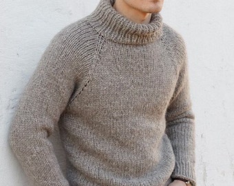 Hand Knitt jumper for men in with high neck and raglan, Wool Jumper, Men’s Wool Sweater, Turtleneck sweater, pure wool jumper, gift for him