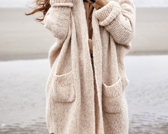 LONG chunky thick knitted jacket sweater oversized wool sweater large sweater alpaca coat gift for her soft women knitted cardigan sizeS-XXL