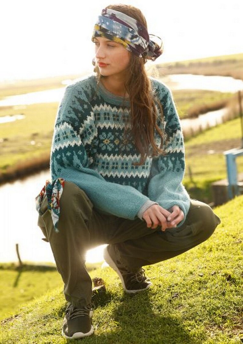 jacquard sweater wool warm pullover fair isle sweater Norwegian pattern knitted sweater chunky sweater,hand knitted sweater