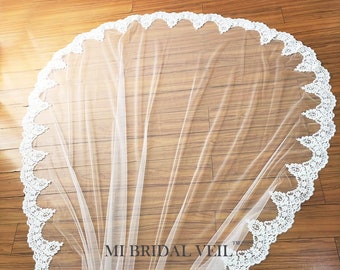 Beaded Alencon Lace Cathedral Wedding Veil, Vintage Inspired Mantilla
