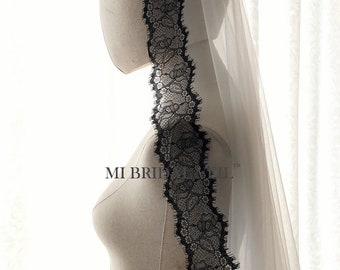 Black Wedding Veil, Cathedral Wedding Veil, Chantilly Lace Veil, Vintage Inspired Rose Lace Veil, Lace Bridal Veil, Cathedral Lace Veil