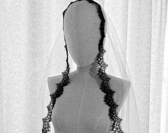 Black Wedding Veil, Cathedral Lace Veil with Blusher, Black Lace Chantilly Lace Veil, Mantilla Lace Veil
