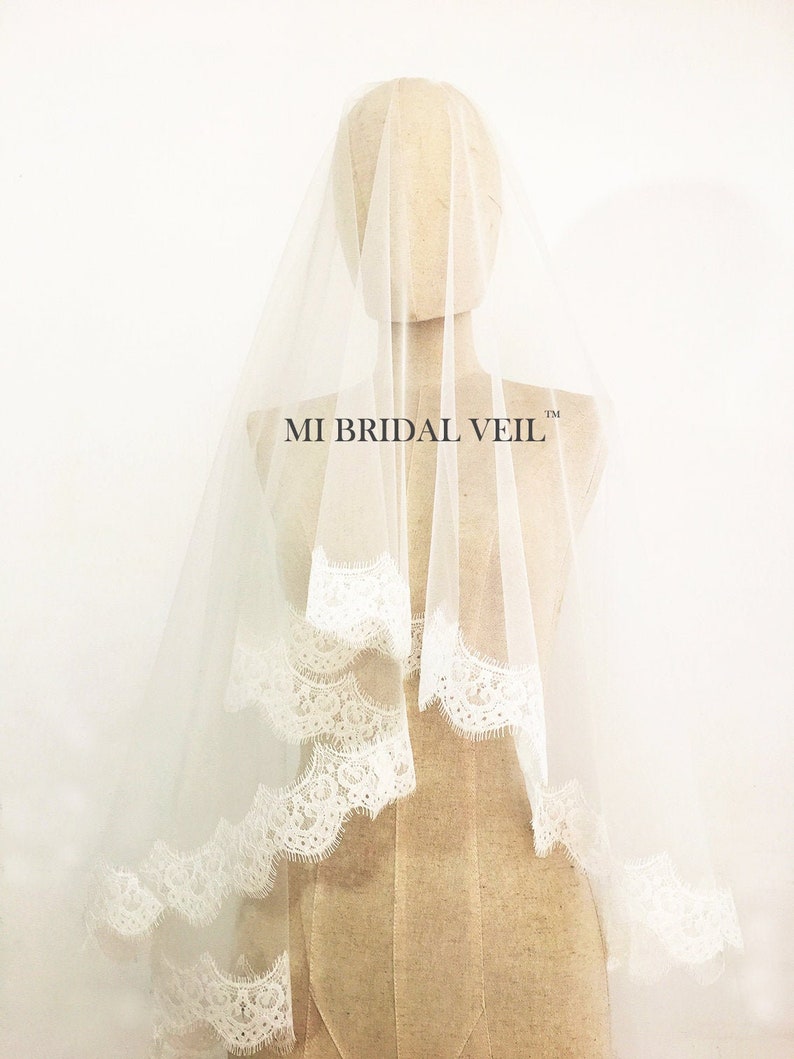 Cathedral Wedding Veil, Chantilly Lace Veil, Drop Blusher Wedding Veil, Mantilla Lace Veil, Eyelash Bridal Lace Veil, Mi Bridal Veil image 2