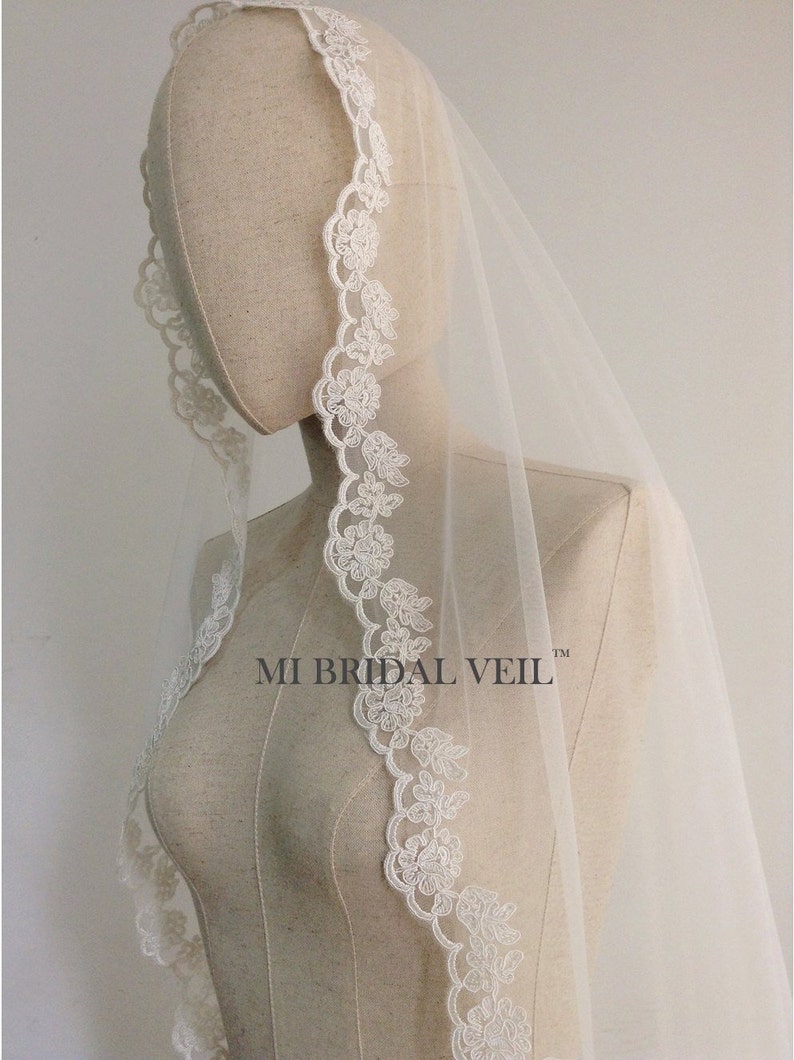 Lace Wedding Veil, Rose Lace Veil, Lace Bridal Veil, Mantilla Lace Veil, Veil w Blusher, Bridal Veil Fingertip, Mi Bridal Veil, Hand Made image 1