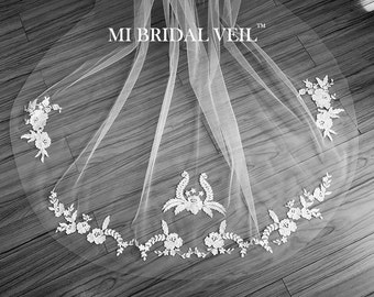 Cathedral Wedding Veil, Lace Wedding Veil, Embroidered Lace Veil, Chapel Lace Veil, Vintage Inspired Lace Veil, Mi Bridal Veil, Hand Made