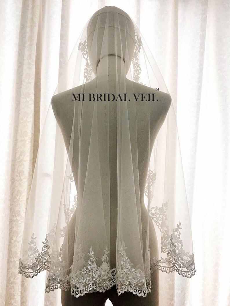 Mantilla Lace Wedding Veil, Crochet Rose Lace Veil, Venice Lace Veil, Mantilla Bridal Veil in Hip Length, Custom Veil from MI BRIDAL VEIL image 4
