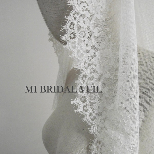 Polka Dot Tulle Wedding Veil, Dotted Tulle Lace Veil, Mantilla Lace Veil, Eyelash Chantilly Lace Veil, Mi Bridal Veil, Hand Made