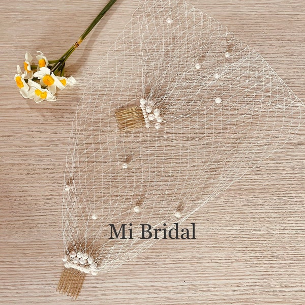 Vintage Pearl Beaded Bandeau Birdcage, Freshwater Pearl Birdcage Veil, Blusher Veil, Headband Veil, Russian Netting Birdcage, Hand Made