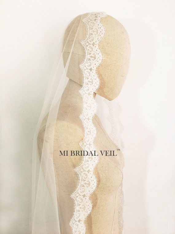 Dreamy Drop Veil Blusher French Chantilly Eyelash Lace Cathedral Wedding Veil Versailles Gilded French Lace drop blusher veil in Ivory Gold main image 2