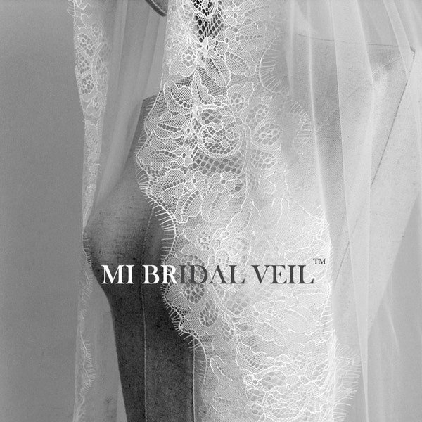 Lace Wedding Veil, Fingertip Wedding Veil, Chantilly Lace Bridal Veil, Eyelash Lace Veil, Boho Bridal Veil, Soft Lace Veil, Mi Bridal Veil