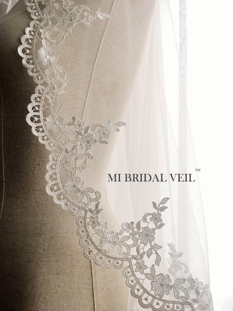 Mantilla Lace Wedding Veil, Crochet Rose Lace Veil, Venice Lace Veil, Mantilla Bridal Veil in Hip Length, Custom Veil from MI BRIDAL VEIL image 2