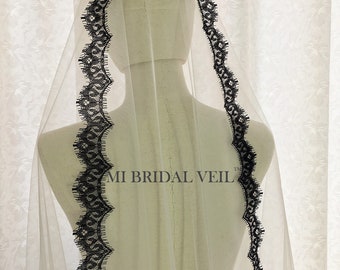 Black Wedding Veil, Cathedral Lace Veil with Blusher, Black Lace Chantilly Lace Veil, Lace Wedding Veil, Mantilla Lace Veil, Mi Bridal Veil