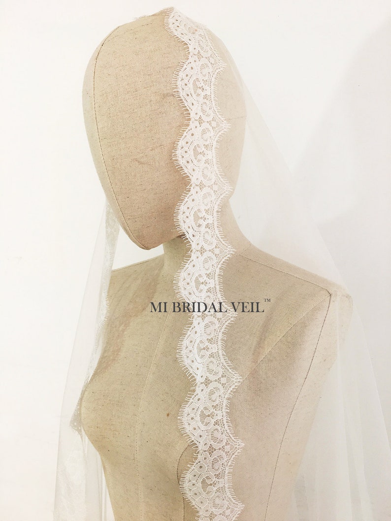 Cathedral Wedding Veil, Chantilly Lace Veil, Drop Blusher Wedding Veil, Mantilla Lace Veil, Eyelash Bridal Lace Veil, Mi Bridal Veil image 3