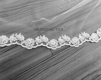 Cathedral Wedding Veil, Rose Lace Wedding Veil, Lace at Fingertip, Wedding Veil w Blusher, Drop Bridal Veil, Mi Bridal Veil, Hand Made