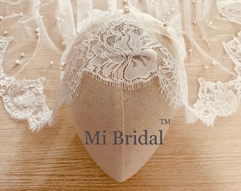 Pearl Wedding Veil, Beaded Wedding Veil, Vintage Inspired, Eyelash Chantilly Lace Veil, Rose Lace Bridal Veil, Mantilla Lace Veil, Mi Bridal