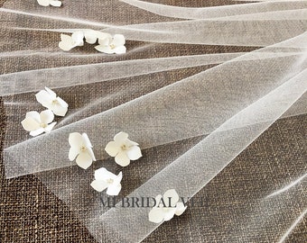 Wedding Veil with Flowers, Petal Wedding Veil, Boho Wedding Veil, Fingertip Petal Wedding Veil, Satin Flower w Rhinestone Wedding Veil