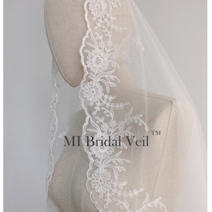 Lace Wedding Veil, Floral and Leaf Lace Bridal Veil, Mantilla Lace Veil, Flower Lace Veil, Drop Blusher Wedding Veil, Mi Bridal Veil