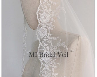 Lace Wedding Veil, Floral and Leaf Lace Bridal Veil, Mantilla Lace Veil, Flower Lace Veil, Drop Blusher Wedding Veil, Mi Bridal Veil