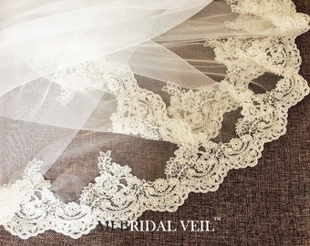 Lace Wedding Veil, Lace Bridal Veil in Fingertip, Partial Lace Veil, Lace at Chest, Rose Lace Veil Fingertip Length, Mi Bridal Veil