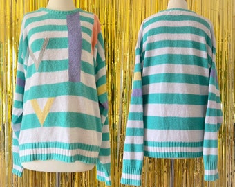 Loud 80s Knit Jumper Size XL Green White Stripe Cotton