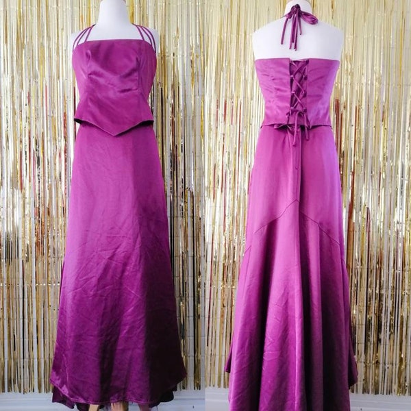 Vintage 90s Two Piece Ball Dress Size S - M Purple Halter Top and Skirt