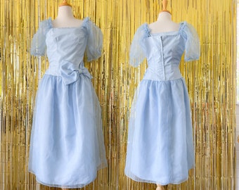Vintage 80s Prom Dress Cinderella Style Blue Size M