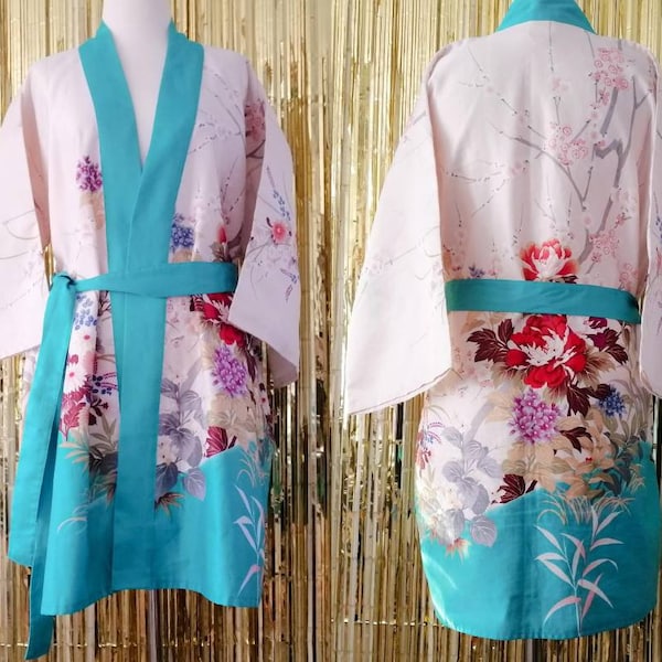 vintage Kimono Robe Taille M Blanc et Teal Floral