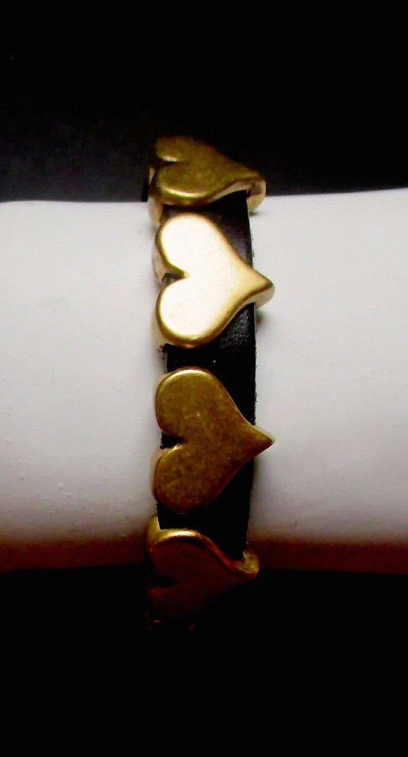 Brass Hearts Adorning Black Leather Bracelet image 3