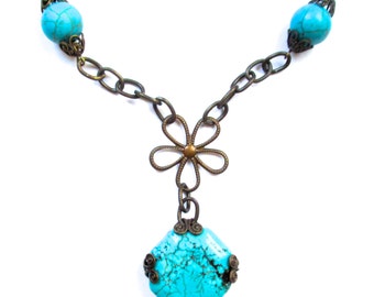 Antique Brass Chain With Turquoise Stones and Filigree Wrapped Turquoise Pendant