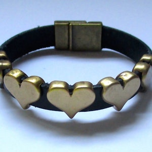 Brass Hearts Adorning Black Leather Bracelet image 1