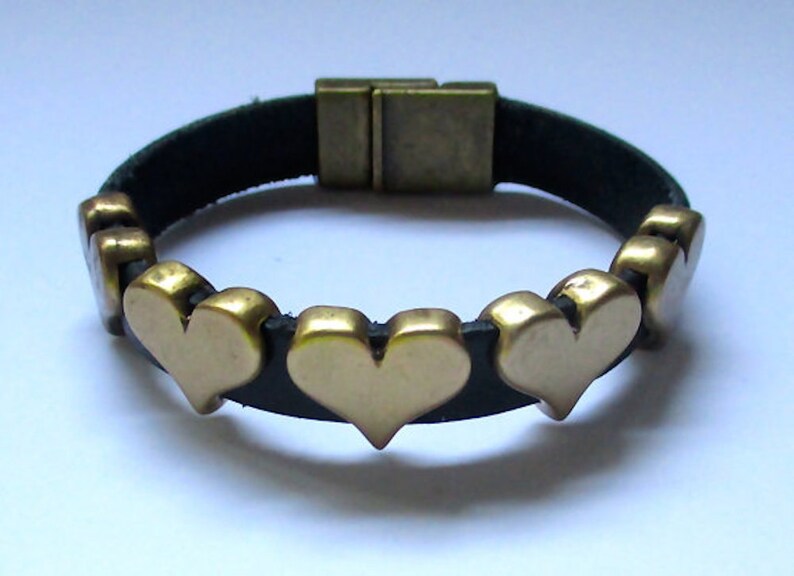 Brass Hearts Adorning Black Leather Bracelet image 1