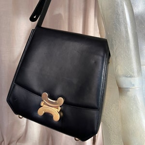 CELINE Vintage Macadam Logo Shoulder Bag Pochette Leather Fur White Gold  RankAB
