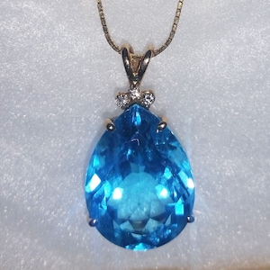 14K Yellow Gold Necklace with teardrop London Blue Topaz and three diamonds, Teardrop London Blue Topaz, 14K Gold London Blue Topaz Necklace