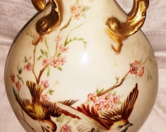 ¡Precio reducido! Jean Pouyat Limoges Pillow Jarrón con pájaros y flores, Jean Pouyat Pillow florero, Limoges Francia florero, J.P. French Vase 1930's
