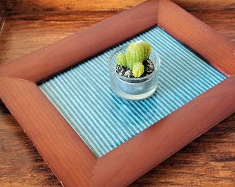 Handmade upcycled picture frame tray, Upcycled wood picture frame glass tray with teal yarnm Handmade coffee table tray from picture frame