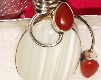 Large Striated Moonstone and Two Carnelian Stones sterling pendant, abstract artistic pendant, odd shaped pendant, Striped moonstone pendant