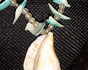 Sale! Shell Necklace, white and painted blue shell necklace, brown and iridescent beads necklace, shell and beaded necklace, Beach necklace