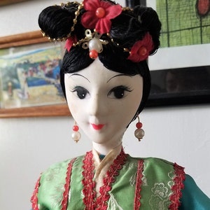 Chinese Doll, 1990's Colorful Chinese Doll, Asian Doll, Tall Asian Doll, Vintage Asian doll, Chinese doll with pom pom image 1